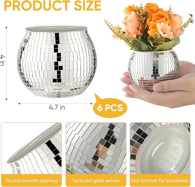 6 Pcs Disco Ball Vase Disco Ball Planter for Centerpieces Disco Ball Decor Flower Vase with Silver Mirror Glass for Wedding, Birthday, Party (4" X 4.7")