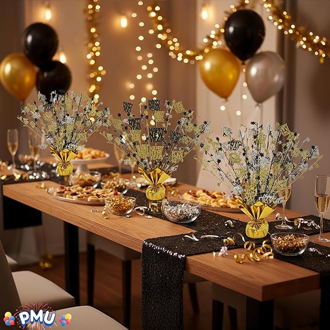 PMU 6Pc New Year's Eve Bursting Centerpiece for Table Decor, Table Balloon Weights| for Theme Party Decorations Supplies Gold |15in