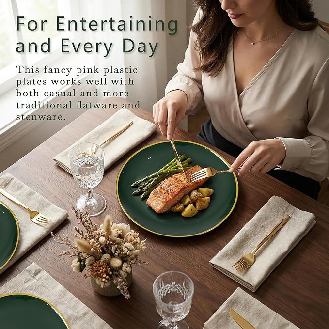KIRE 350PCS Green Plates Disposable - Heavy Duty Green and Gold Plates - 50Guest Include Green Plastic Dinnerware - Pro Rolled Napkins with Gold Silverware and Cups for St. Patrick's Day&Party