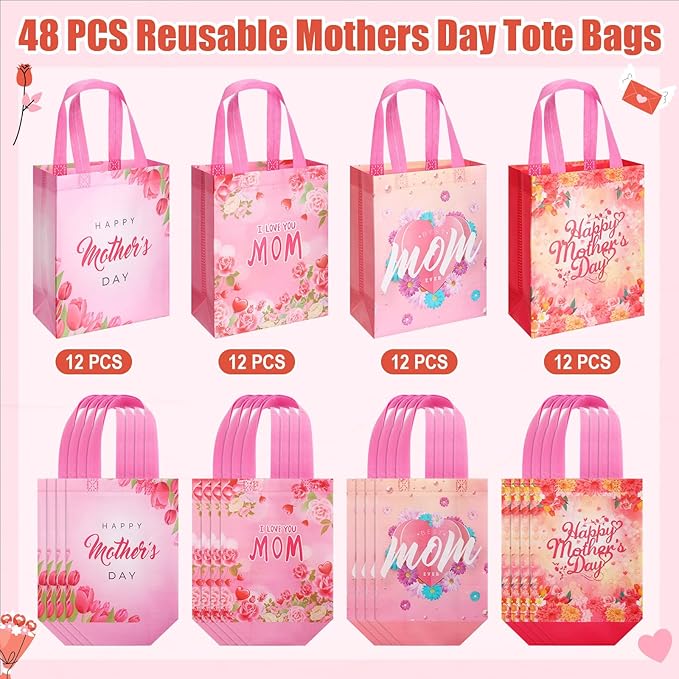 48 Pcs Mother's Day Gift Bags Bulk with Handle Reusable Floral Non Woven Love Mom Treat Goodie Bags Gift Wrap for Mom Grandma Happy Mother's Day Party Favor Supplies