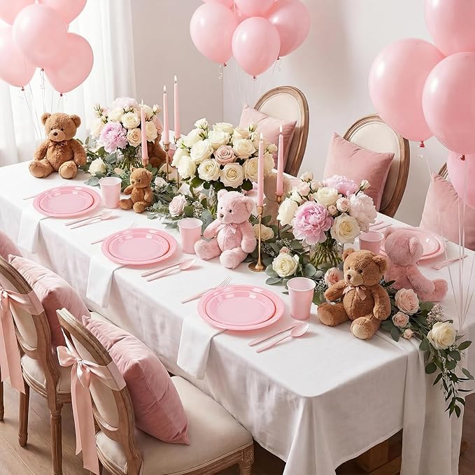 MirthMood 350pcs Pink Plates Disposable Including Pink Plastic Plates, 12OZ Cups, Plastic Cutlery and Napkins Serve 50 Guests for Spring Wedding,Birthday Party Dinner,Valentine's Day