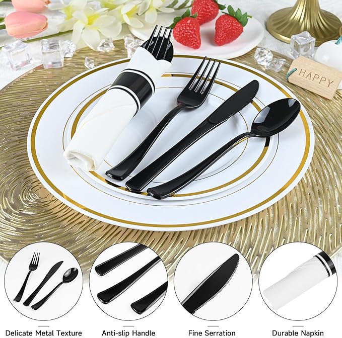 100Pack Black Plastic Silverware, Disposable Plastic Silverware with Napkins, Pre Rolled Black Spoons Forks Knives wiht Napkins, Heavy Duty Wrapped Cutlery Set for Party Wedding