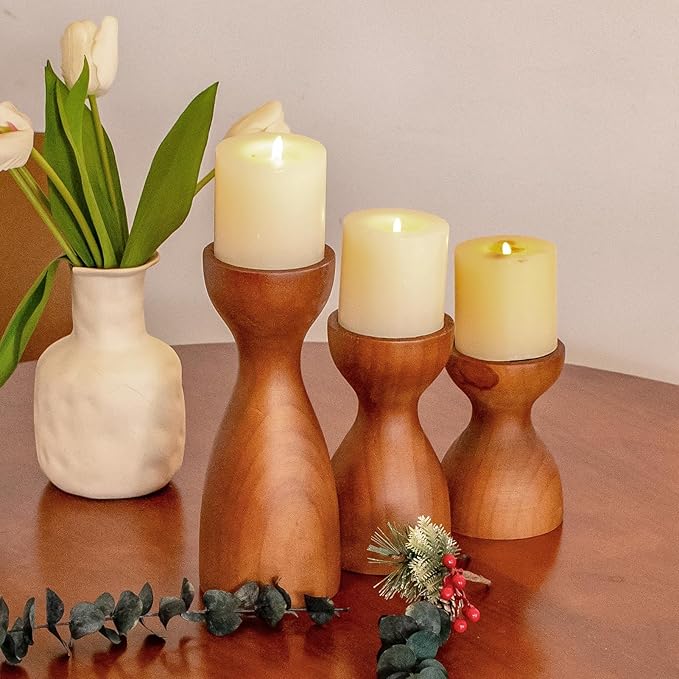 Set of 3 Farmhouse Wooden Candle Holders for Pillar Candles, Brown Rustic Wood Pillar Candle Stands Table Centerpiece Decor for Fireplace, Living, and Dining Room