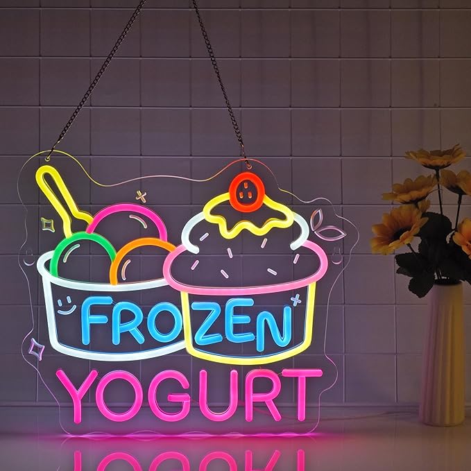 Frozen Yogurt Neon Sign, Neon Lights Hanging Wall Art Decoration for Grocery Store Supermarket Farmers Markets Ice Cream Shop, USB Powered, Ultra Bright & Dimmable, 14.96×12.6 Inches