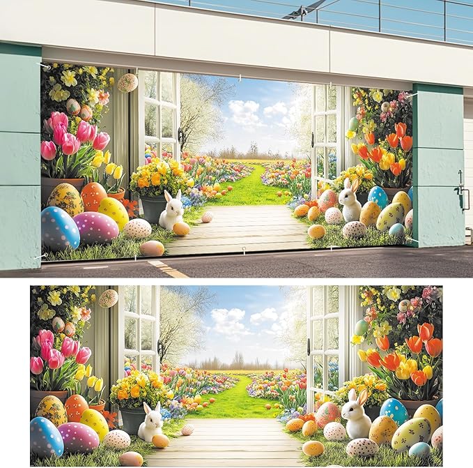 Easter Garden View Garage Door Banner 7x16FT, Spring Flowers, Easter Eggs & Bunnies, Outdoor Decoration for Yard, Garage & Front Door