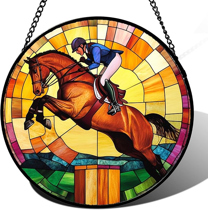 Stained Glass Window Hanging Equestrian Sports Large 11.8" - Horse Suncatcher Door Garden Sunroom Sun Catcher Home Decor Birthday Christmas for Mom Men Woman Nana
