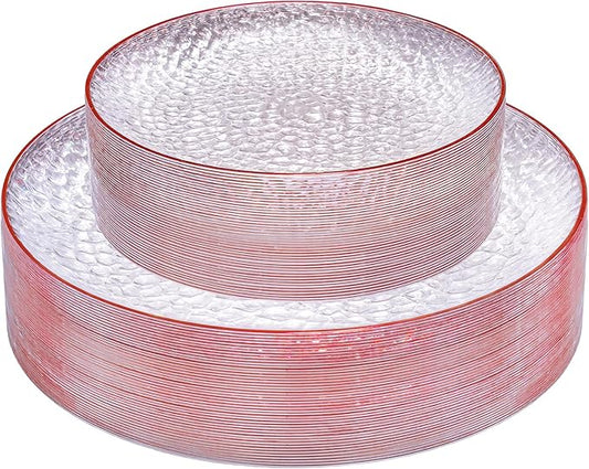 Rubtlamp 60Pcs Red Plastic Plates, Clear Plastic Plates With Red Rim, Heavy Duty Disposable Plates for Party, Fancy Hammered Plates Include 30 Red Dinner Plates 30 Clear Cake Plates