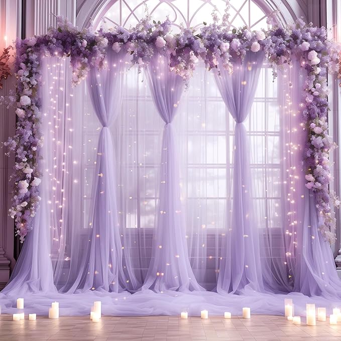20ft x 10ft Purple Backdrop Curtain with Lights String for Parties, Sheer Tulle Wedding Photo Backdrops Drapes for Baby Shower Birthday Party Decorations Background for Photography