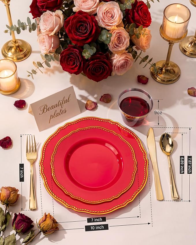 Hioasis 175pcs Red Gold Plastic Plates - Red Plastic Dinnerware Set Includes 25 Dinner Plates, 25 Dessert Dinnerware, 25 Cups, 25 Pre-rolled Napkins Perfect for Wedding & Party