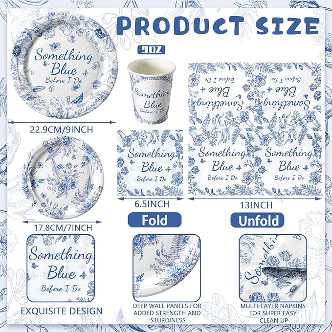 Zhehao 250 Pcs Something Blue Bridal Shower Plates Napkins Sets 50 Pcs 9'' Dinner Plates and 7'' Dessert Plate and 9oz Cups 100 Napkins Serves 50 Party Supplies Bridal Shower Engagement Decoration