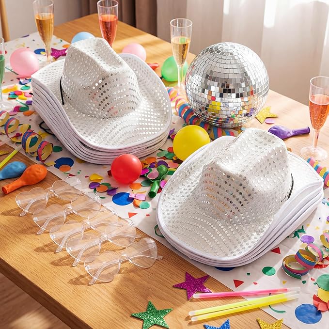 Bonuci Sequin Glitter Cow Hat and Funny Rimless Sunglasses Sparkly Party Favor for Women Men