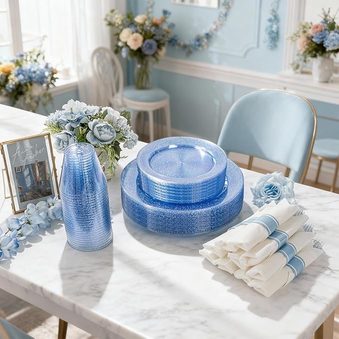 DaYammi 350 Pieces Blue Glitter Dinnerware Set 50 Guest for Party- 50 Dinner Plates, 50 Dessert Plates -50 Per Rolled Napkins with Blue Cutlery - 50 Disposable Cups 9 OZ