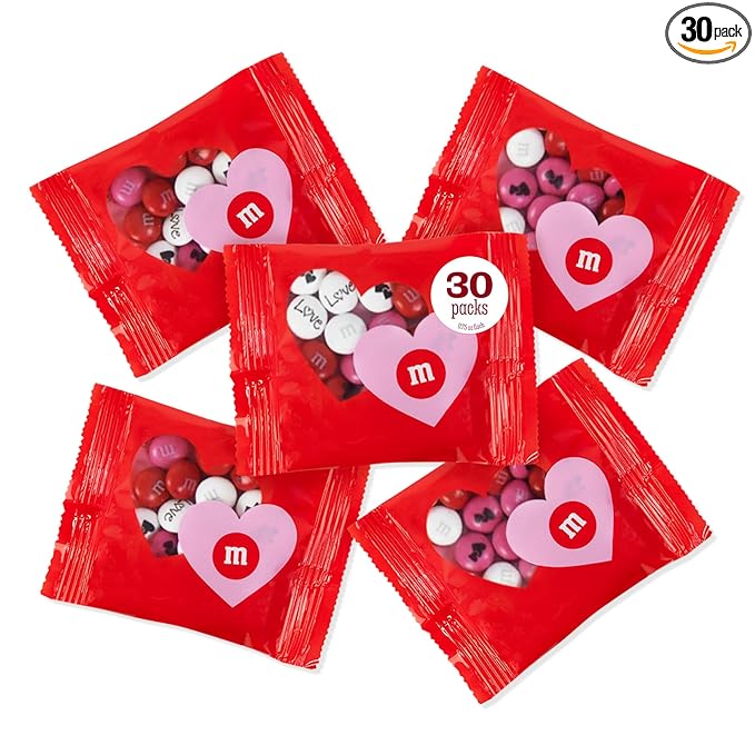 M&M’S Heart Party Favors, Set of 30, Milk Chocolate Valentine’s Gifts for Groups, Classroom Exchanges, and Party Décor, Individually Wrapped Red, White and Pink M&M’S with Heart and LOVE Designs