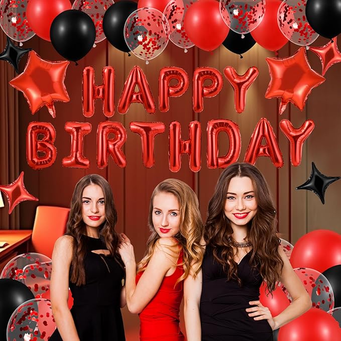 Red Happy Birthday Balloons Decorations Red and Black Birthday Balloon Letters Banner with 6 Pcs Star Balloons Red Artificial Rose Petals 24 Flameless LED Candles for Red Birthday Party Supplies