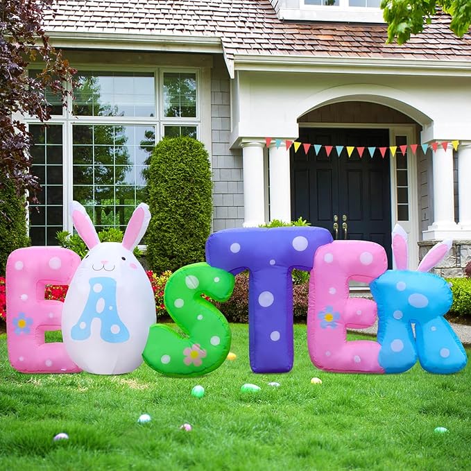 New 8FT Long Easter Inflatable Banner Outdoor Decorations with, Build-in LED Lights Holiday Blow Up Yard Decoration, for Easter Holiday Party, Outdoor,Garden, Yard Lawn Décor