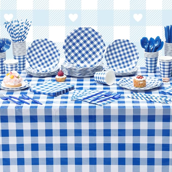 452 Pcs Blue Gingham Party Supplies for 50, Dark Blue and White Gingham Checkered Paper Plates Napkins Cups Tablecloth Cutlery Straws for Birthday Family Picnic Barbecue Party Decoration