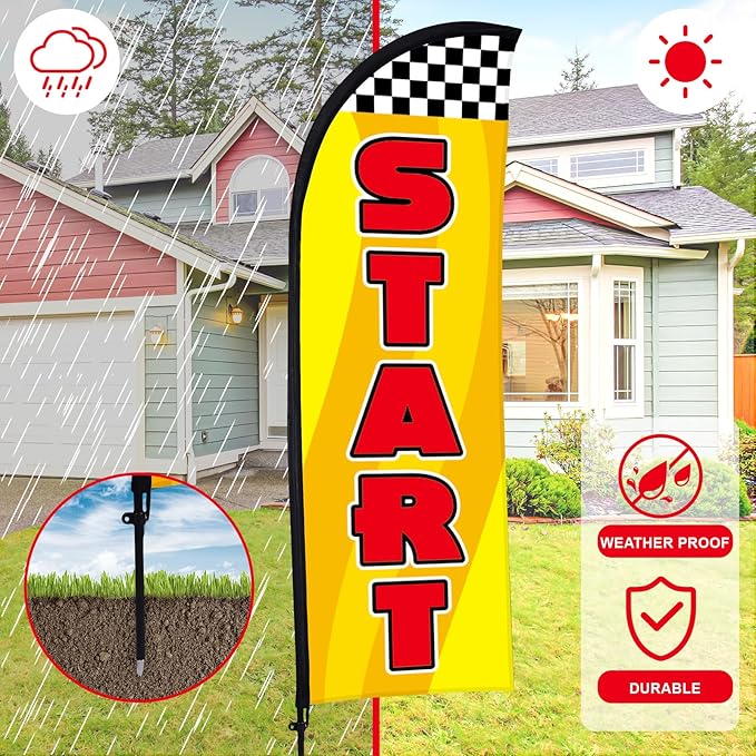 Buryeah 3 Feather Flag Start Advertising Banner Swooper Flag with Pole Kit and Ground Stake for Marathons and Special Events Outsid (12 ft,Red and Yellow)