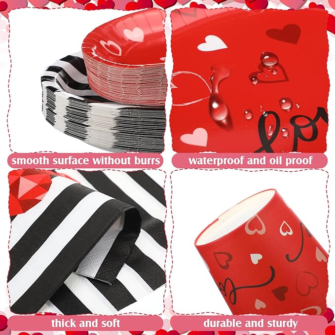 350 Pieces Valentine's Day Dinnerware - Valentines Plates and Napkins Paper Cups Plastic Forks Spoons Knives, Red and Black Love Heart Tableware Set for 50 Guests Valentine Party Supplies