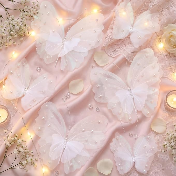 Geelin 6 Pcs Large White Pearl Butterfly Decorations Mariposas Grandes para Decoracion Big Butterfly Party Decor 20 Inch 12 Inch 3D Silk Butterflies for Baby Shower Birthday Party Wedding Decor