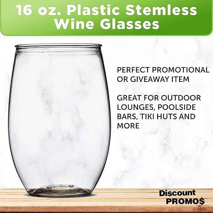 Plastic Stemless Wine Glasses 16 oz. Set of 10, Bulk Pack - BPA Free, Great for Outdoor Lounges, Poolside, Parties and Other Events - Clear
