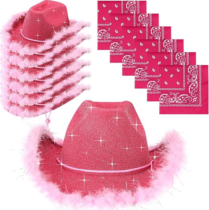 Coume 12 Pcs Sparkly Adults Cowboy Hat and Bandanas Women Men Western Glitter Cowgirl Party Hats with Adjustable Drawstring