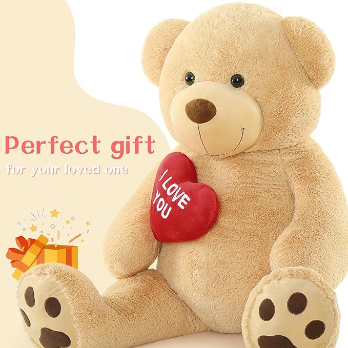 Giant Teddy Bear 52", Big Stuffed Animal with Heart, Large Brown Stuffed Bear Plush Toys for Kids, I Love You Valentines Gift for Girlfriend Wedding