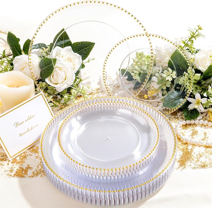 Rubtlamp 60Pcs Clear Gold Plastic Plates, Clear Disposable Plates With Gold Beaded, Heavyduty Plastic Plates Include 30 Dessert Platos, 30 Dinner Platos for Wedding Party