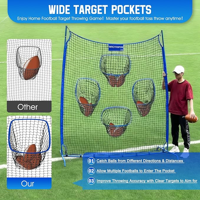 Football Throwing Net, Upgrade Heavy Duty Metal Frame Quarterback Training Equipment Throwing Machine with 1-4 Targets, Easy Setup Football Target Practice with CarryBag, Allweather Indoor Outdoor Use