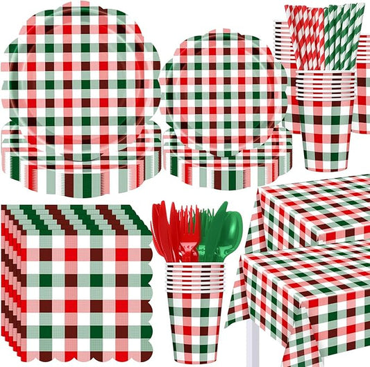 452 Pcs Red and Green Christmas Buffalo Plaid Party Supplies for 50, Scalloped Christmas Gingham Plaid Paper Plates Napkins Cups Tablecloth Cutlery Straws for Rustic Holiday Party Decoration