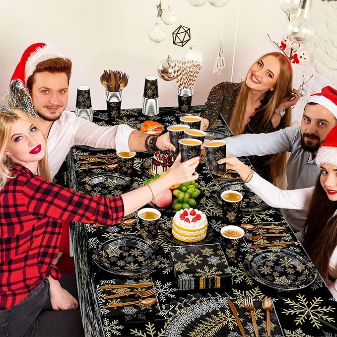 452 Pcs Christmas Snowflake Party Supplies Black Gold and Sliver Snowflake Paper Plates and Napkins Cups Tablecloth Cutlery Straws for 50 Guests Winter Xmas Birthday Party Decoration