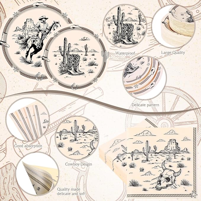 Pickmesh 400 Pcs Western Cowboy Party Plates and Napkin Decoration Wild West Rodeo Tableware Cups Knives for Rodeo Bachelorette and Wild Cowboy Birthday Party Supplies Serve 50