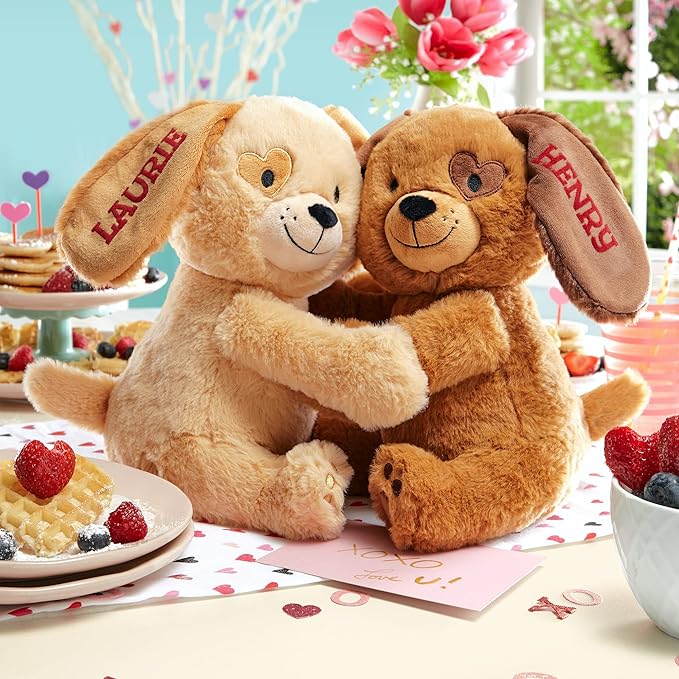 Let's Make Memories Personalized Hugging Plush Puppies - Valentines Day - for Couples or Kids - for Him - for Her - Amor - Te Amo - Puppy Love - Dog Stuffed Animal