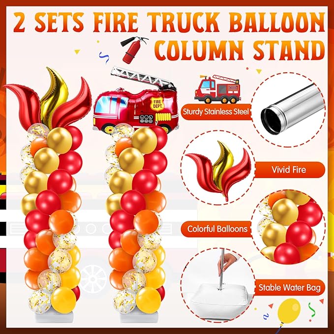 Kasyat 2 Set Fire Truck Party Balloon Column Stand Kit with 2 Fire Truck and 100 Latex Balloons, fire Truck Party Supplies for Wedding Baby Shower Birthday Party