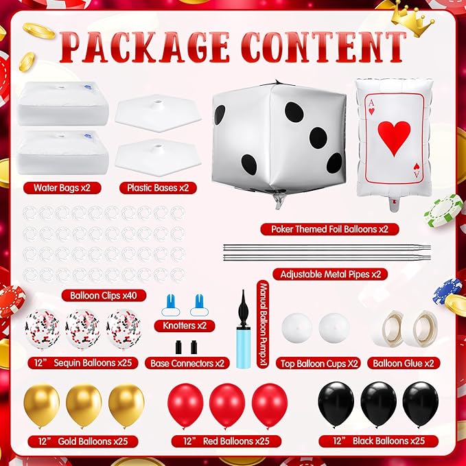 Kasyat 2 Set Casino Balloon Column Stand Kit Adjustable Red Black Gold Dice Poker Foil Balloons Arch Garland Kit for Birthday Casino Night Las Vegas Theme Party Decorations