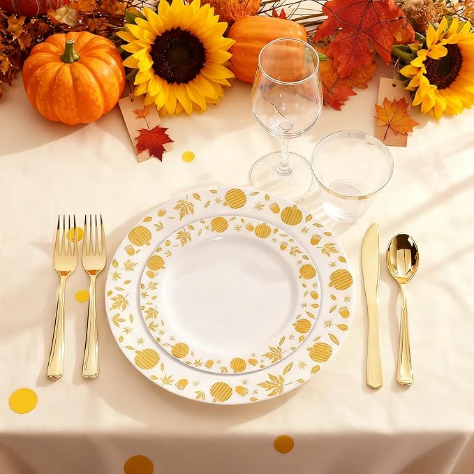 WDF 150pcs Gold Plastic Plates with Disposable Plastic Silverware - Premium Thanksgiving Dinnerware Sets for Thanksgiving Day&Parties