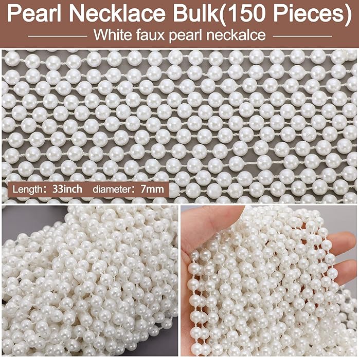Yaomiao 150 Pcs Pearl Necklaces Bulk White Faux Beaded Necklace Women Men for 1920s Party Tea Party Bridal Shower Masquerade Flapper Decoration