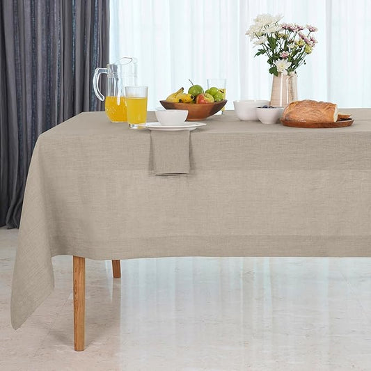 D'Moksha Homes Linen Natural Tablecloth 60 x 90 Inch - 100% Pure Linen Rectangular Tablecloth - Machine Washable Table Cloth for Valentines, Spring, Easter