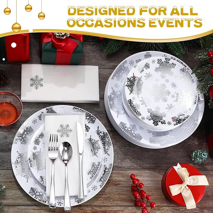 Sliner 350 Pcs Snowflake Frozen Birthday Party Supplies Disposable Tableware Set Include 7.5'' Plates 10.25'' Plates Napkins Cups Forks Knife Spoons for 50 Guests themed Holiday Party Decor(Silver)