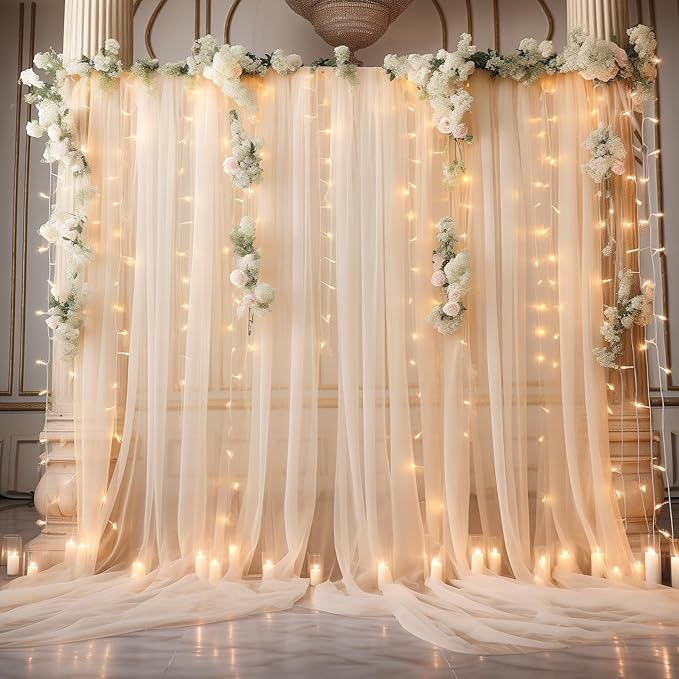 20x10ft Champagne Tulle Backdrop Curtain with Lights String for Parites, Sheer Photo Backdrop Curtains with Lights for Wedding Backdrop Ceremony Reception Bridal Shower Baby Shower Birthday Party