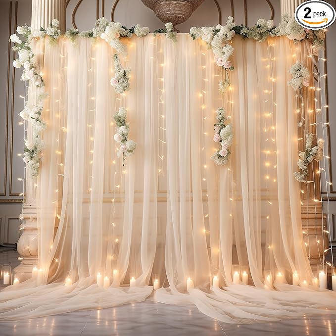 10x10ft Champagne Tulle Backdrop Curtain with Lights String for Parites, Sheer Photo Backdrop Curtains for Wedding Ceremony Bridal Shower Baby Shower Birthday Party Photo Shoot Background Decorations