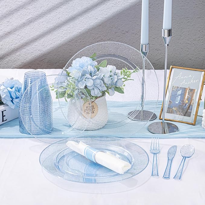 DaYammi 350 Pieces Blue Glitter Dinnerware Set 50 Guest for Party- 50 Dinner Plates, 50 Dessert Plates -50 Per Rolled Napkins with Blue Cutlery - 50 Disposable Cups 9 OZ