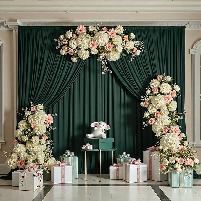 50 ft x 10 ft Wrinkle Free Hunter Green Backdrop Curtain for Parties, Polyester Dark Green Photo Backdrop Drapes 10 Panels 5x10ft for Baby Shower Wedding Birthday Party Photography Curtains
