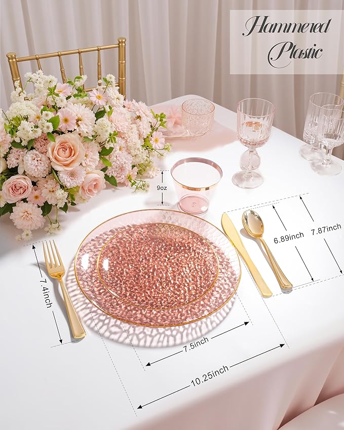 Hioasis 175PCS Clear Burgundy Plastic Plates - Hammered Disposable Dinnerware Set for Party Includes 25 Dinner Tableware, 25 Dessert Tableware,25 Cups,25 Rolled Napkin Cutlery Perfect for Party