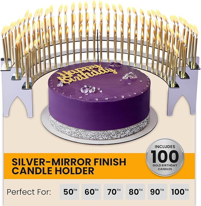 Silver-Mirror Finish Candle Holder for Milestone Birthday, Candlestick Holder, Table Decor for 40th, 50th, 60th, 70th, 75th, 80th, 90th, 100th, Includes 100 Gold Birthday Candles