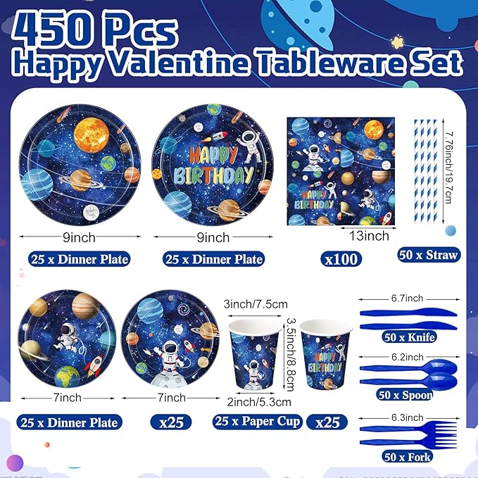 450 Pcs Space Birthday Tableware Set Decorations, Solar System Paper Plates Napkins Cups Cutlery Straws for Astronaut Theme Birthday Baby Shower Party Supplies, Serves 50