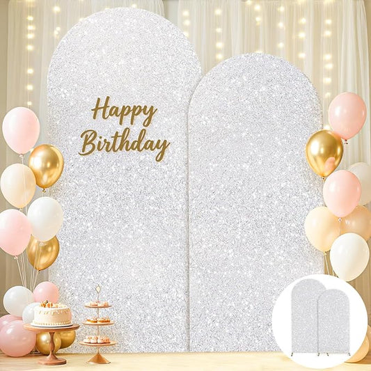 FUHSY Silver Arch Cover 7.2 and 6FT Sequin Arch Backdrop Cover Set of 2 Spandex Wedding Arched Covers Stretchy Backdrop Sparkle Chiara Backdrops Covers for Birthday Party Bridal Shower Ceremony Decor