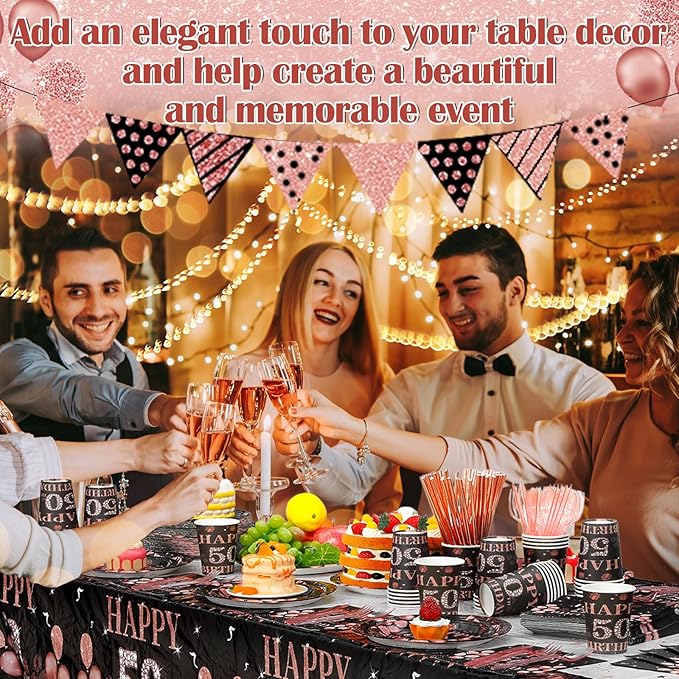 452 Pcs 50th Birthday Decorations for Women Black and Rose Gold 50th Birthday Paper Plates Cups Napkins Tablecloth Cutlery Straws for Girls Women 50 Year Old Party Supplies for 50 Guests