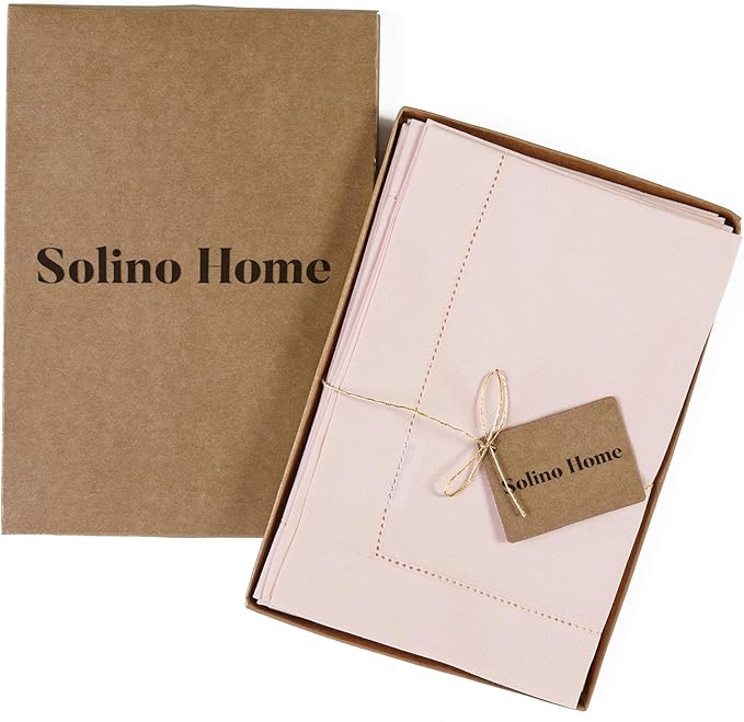 Solino Home Pink Napkins Set of 4 - Cotton Linen Hemstitch Dinner Napkins Cloth 20 x 20 Inch for Valentines, Spring, Easter - Handcrafted and Machine Washable
