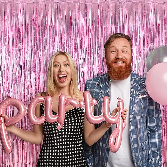 20 Pack Pink Foil Fringe Curtains 3.2ft x 9.8ft Foil Curtain Backdrop Metallic Tinsel Curtains Streamer Photo Booth Backdrop for Birthday Party Engagement Bachelorette Party Decorations