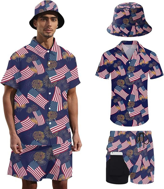 Men's Hawaiian Shirt and Shorts Set 2 Piece Beach Outfits with Bucket Hats for Beach Days and Summer Vibes